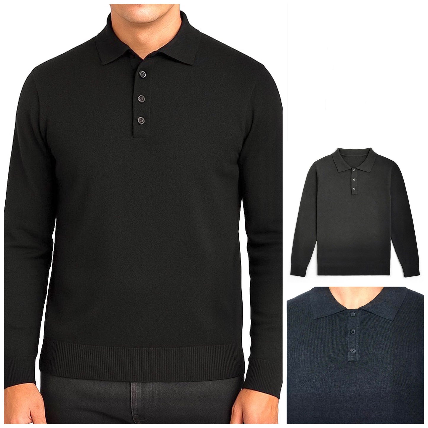 Schwarzer Strickpullover mit Knopfleiste am Kragen