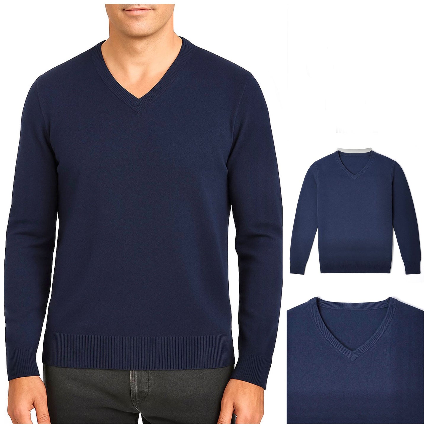 Marineblauer Strickpullover mit V-Ausschnitt