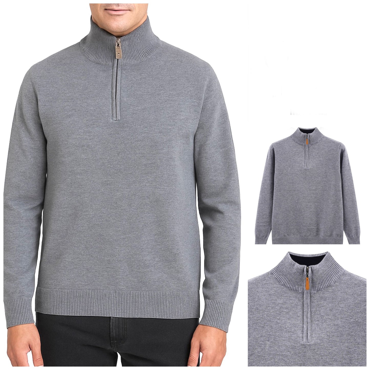 Grauer Strickpullover mit Reißverschluss am Kragen