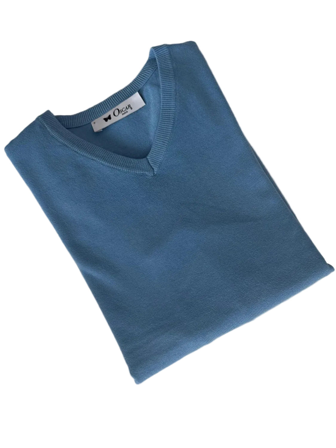 Blauer Strickpullover mit V-Ausschnitt
