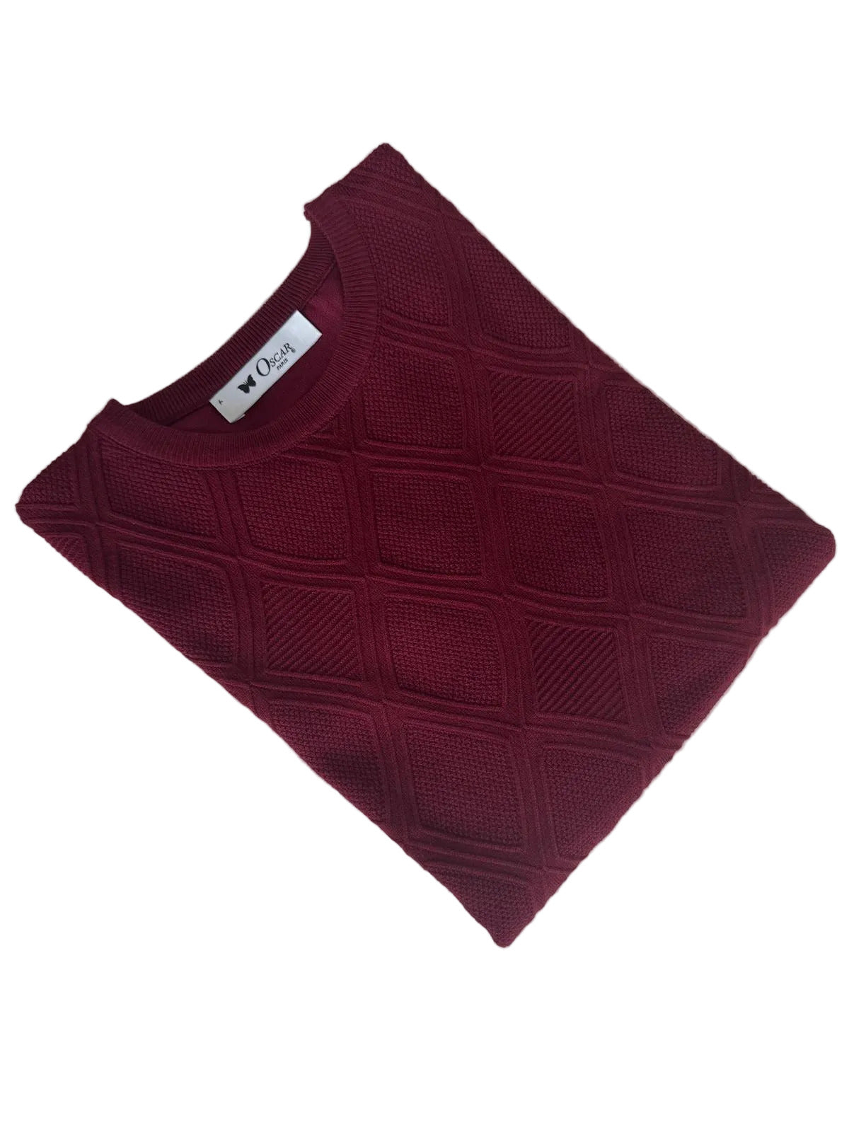 Bordeaux Strickpullover mit Rundhals Rautenmuster