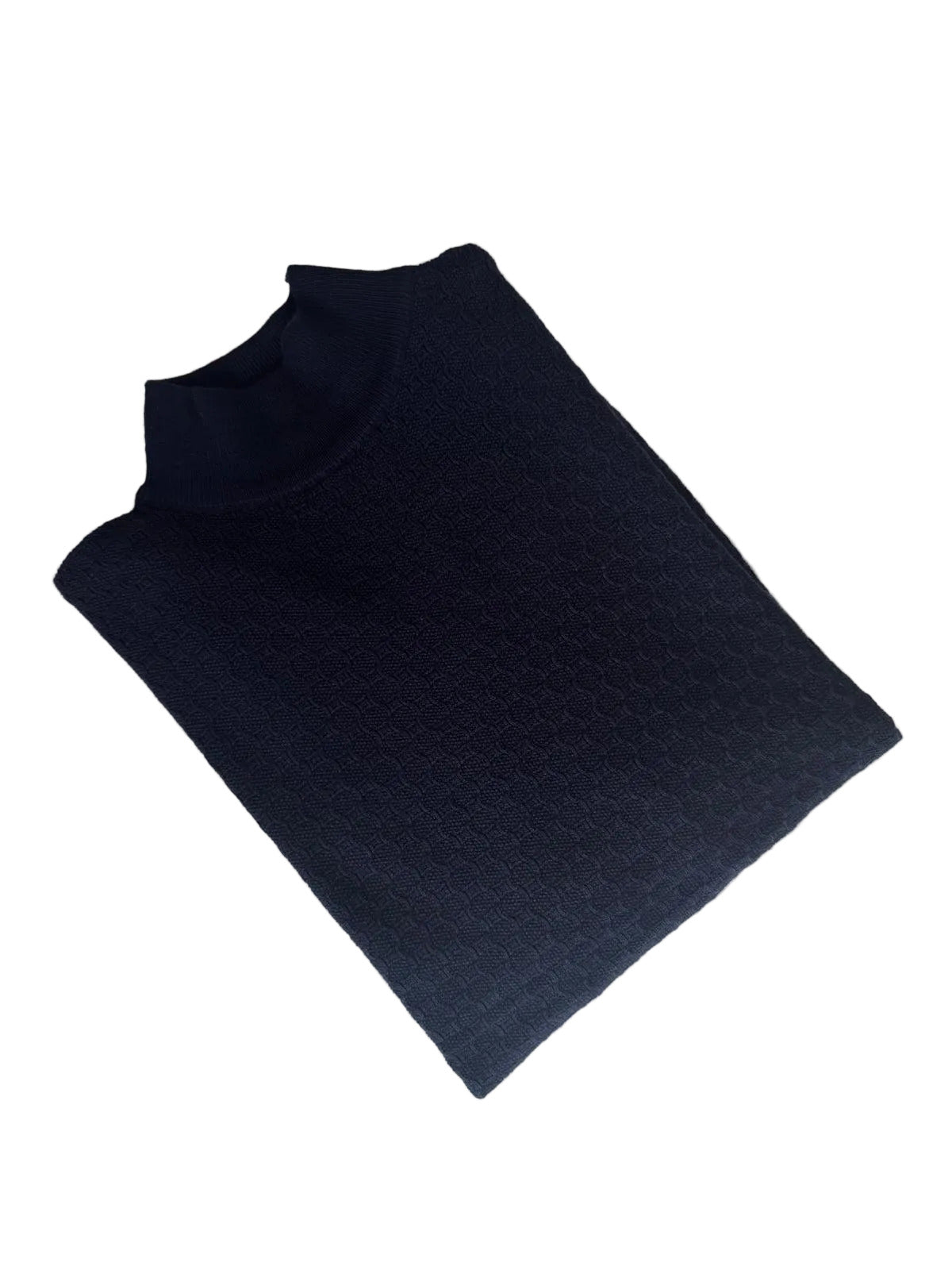Dunkelblauer Strickpullover mit Stehkragen und Wabenmuster