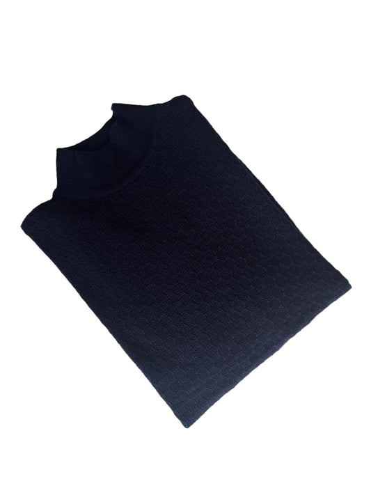 Dunkelblauer Strickpullover mit Stehkragen und Wabenmuster