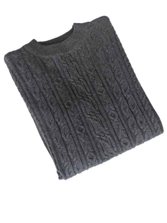 Grauer Strickpullover mit Rundhals Zopfmuster Rippen
