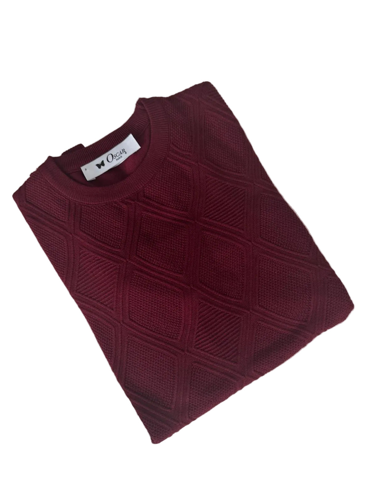 Bordeaux Strickpullover mit Rundhals Rautenmuster