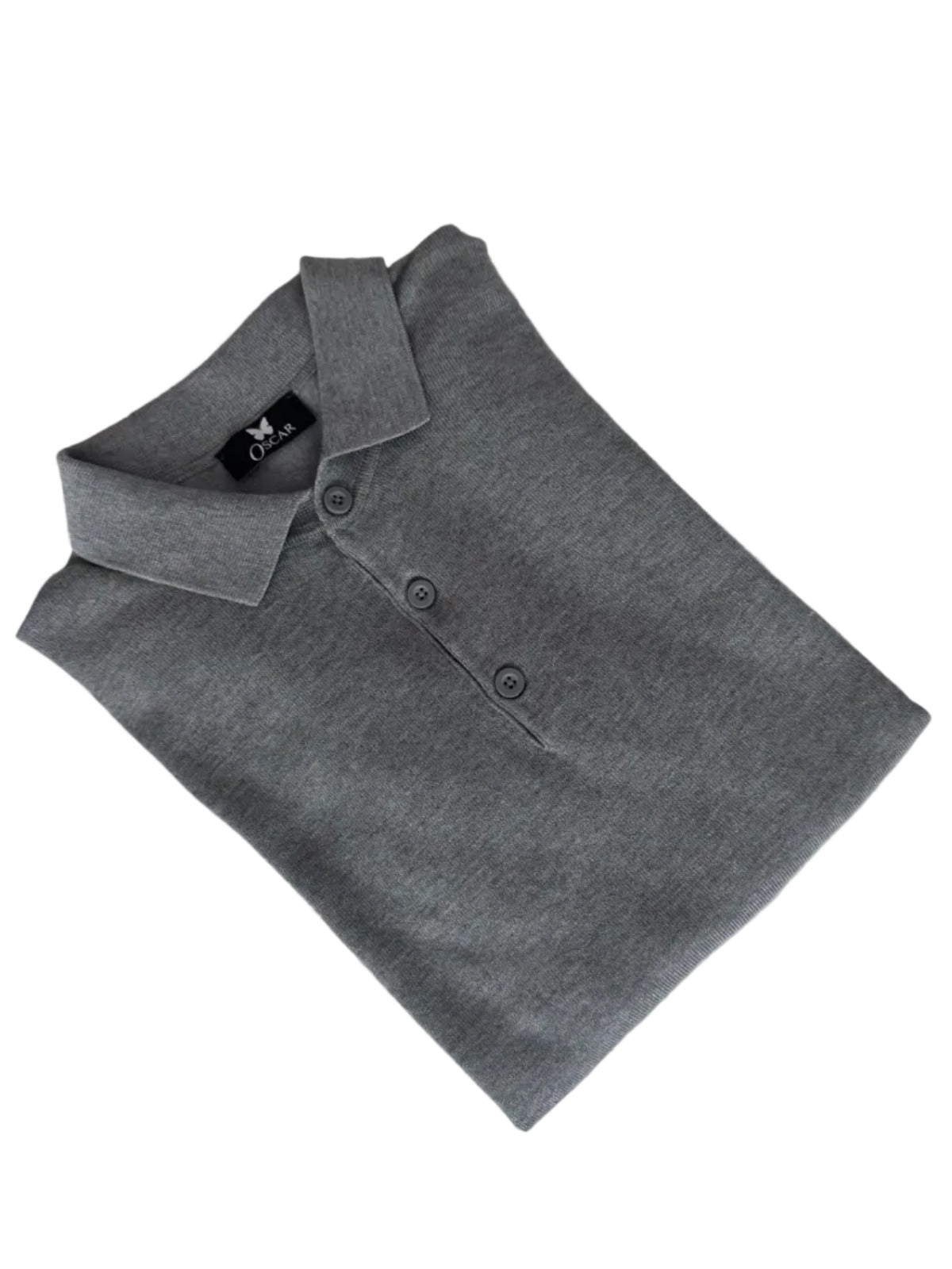 Grauer Strickpullover mit Polokragen und Knöpfen