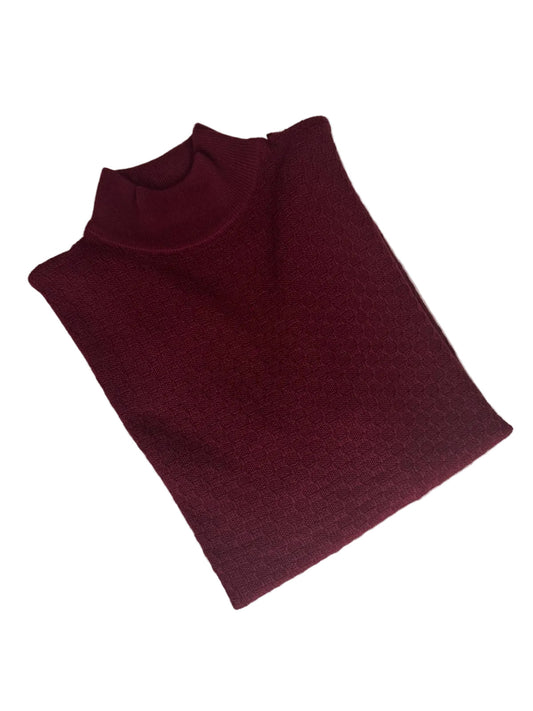 Bordeaux Strickpullover mit Stehkragen und Wabenmuster