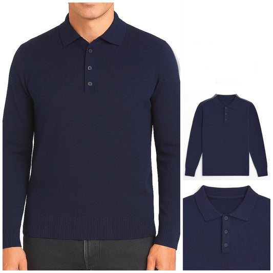 Marineblauer Strickpullover mit Knopfleiste am Kragen