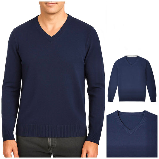 Marineblauer Strickpullover mit V-Ausschnitt