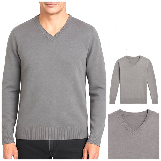 Grauer Strickpullover mit V-Ausschnitt