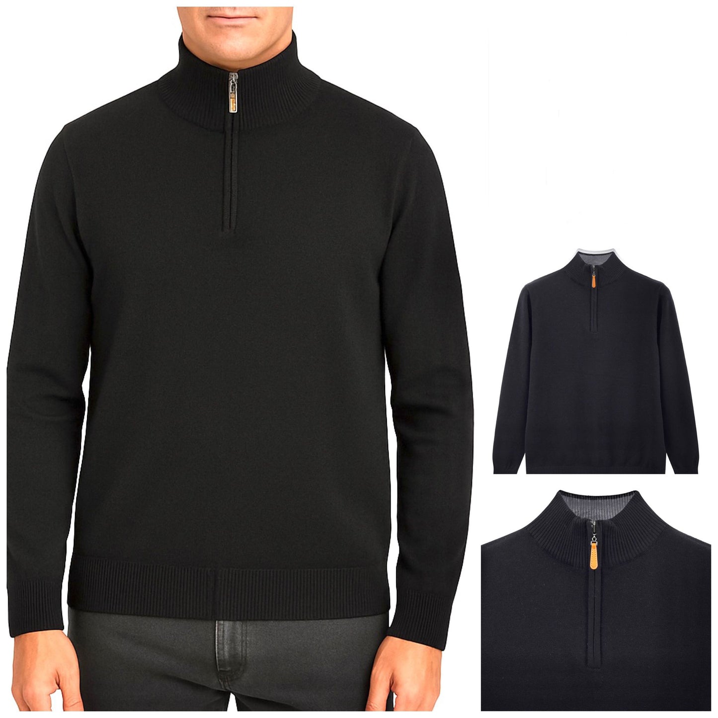 Schwarzer Strickpullover mit Reißverschlusskragen