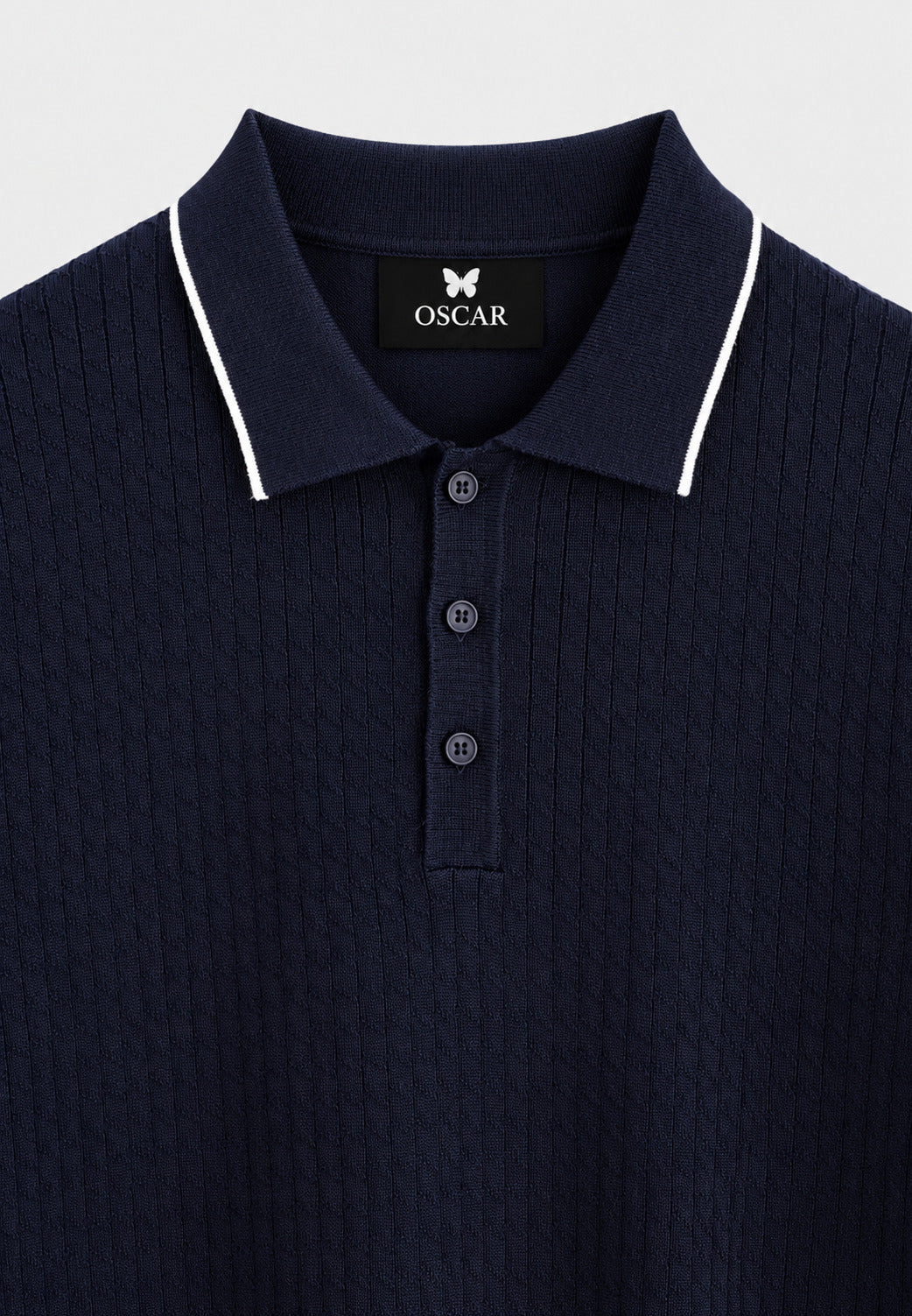 Marineblau-weißes Zopfstrick-Polo mit Reverskragen und Knopfleiste – Ansicht 2