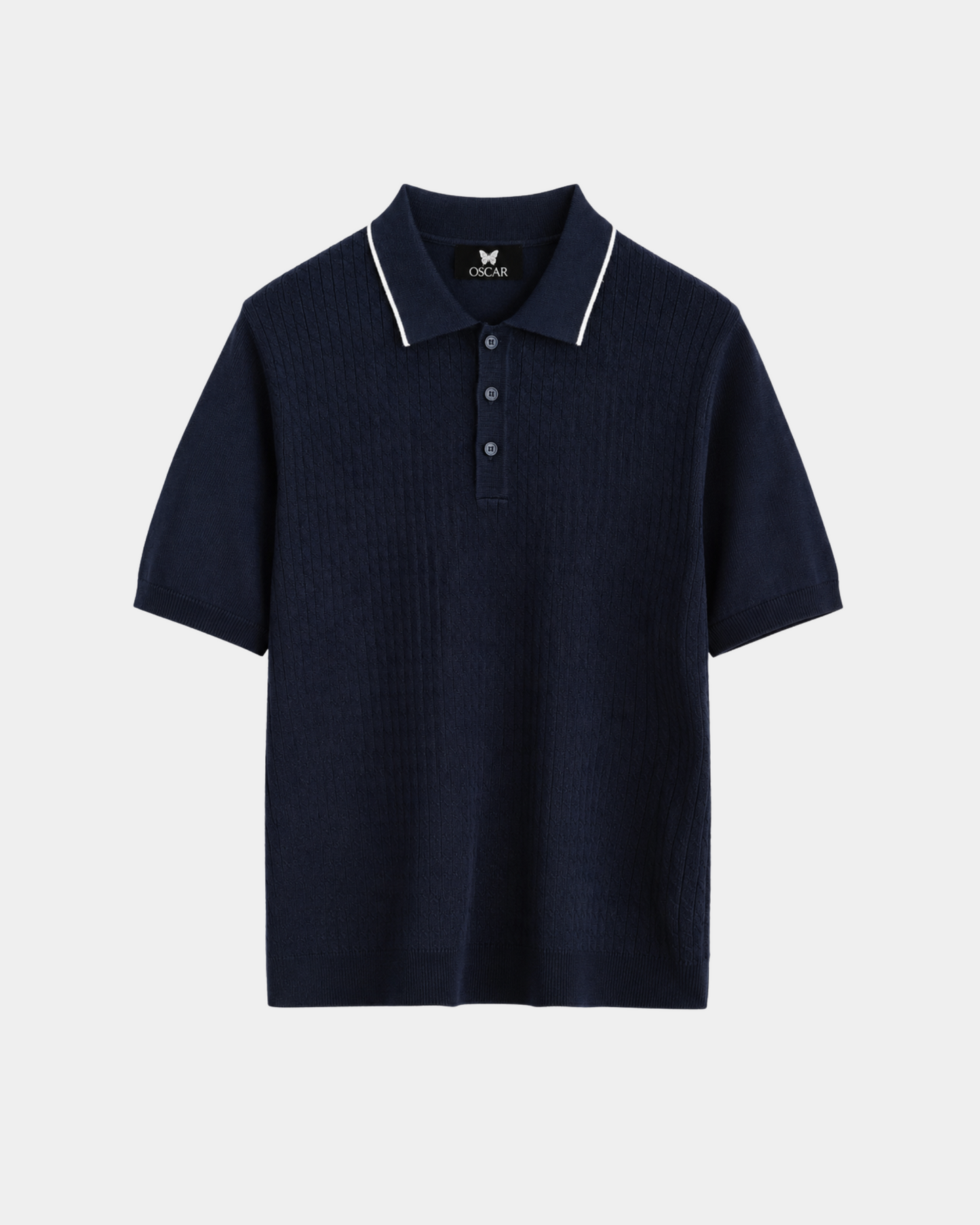 Marineblau-weißes Zopfstrick-Polo mit Reverskragen und Knopfleiste – Ansicht 1