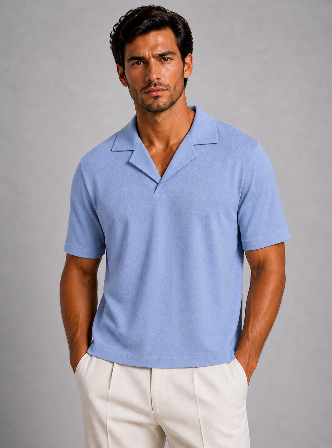 Hellblaues Jersey-Polo mit gekerbtem Reverskragen – Ansicht 4