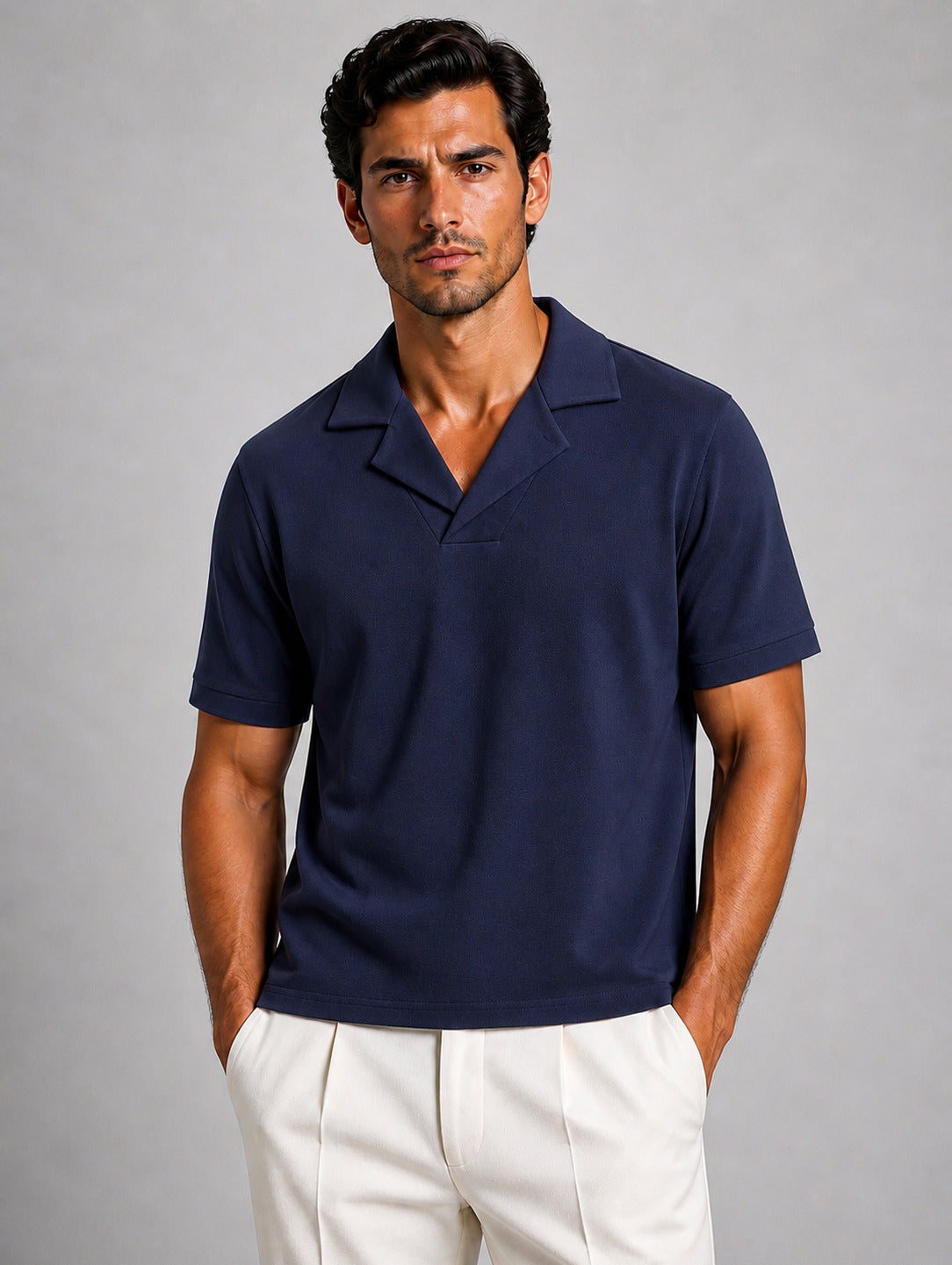 Marineblaues Jersey-Polo mit gekerbtem Reverskragen – Ansicht 4