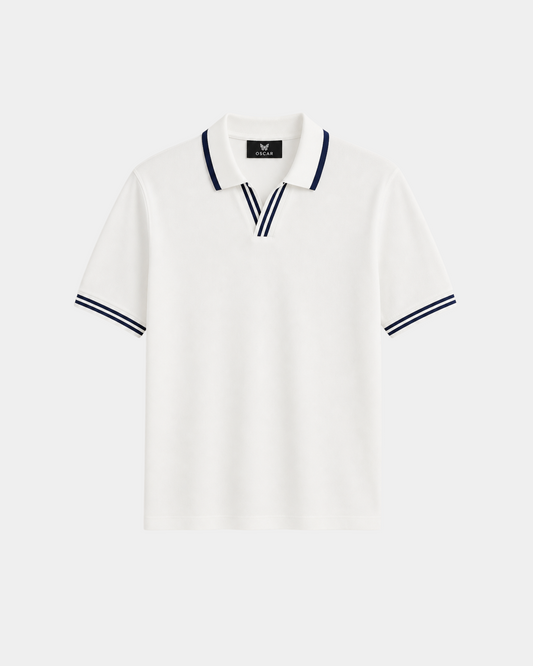 Weiß-marineblaues Jersey-Polo mit V-Ausschnitt und Reverskragen – Ansicht 1