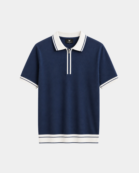 Marineblaues Jersey-Polo mit Reißverschlusskragen – Ansicht 1