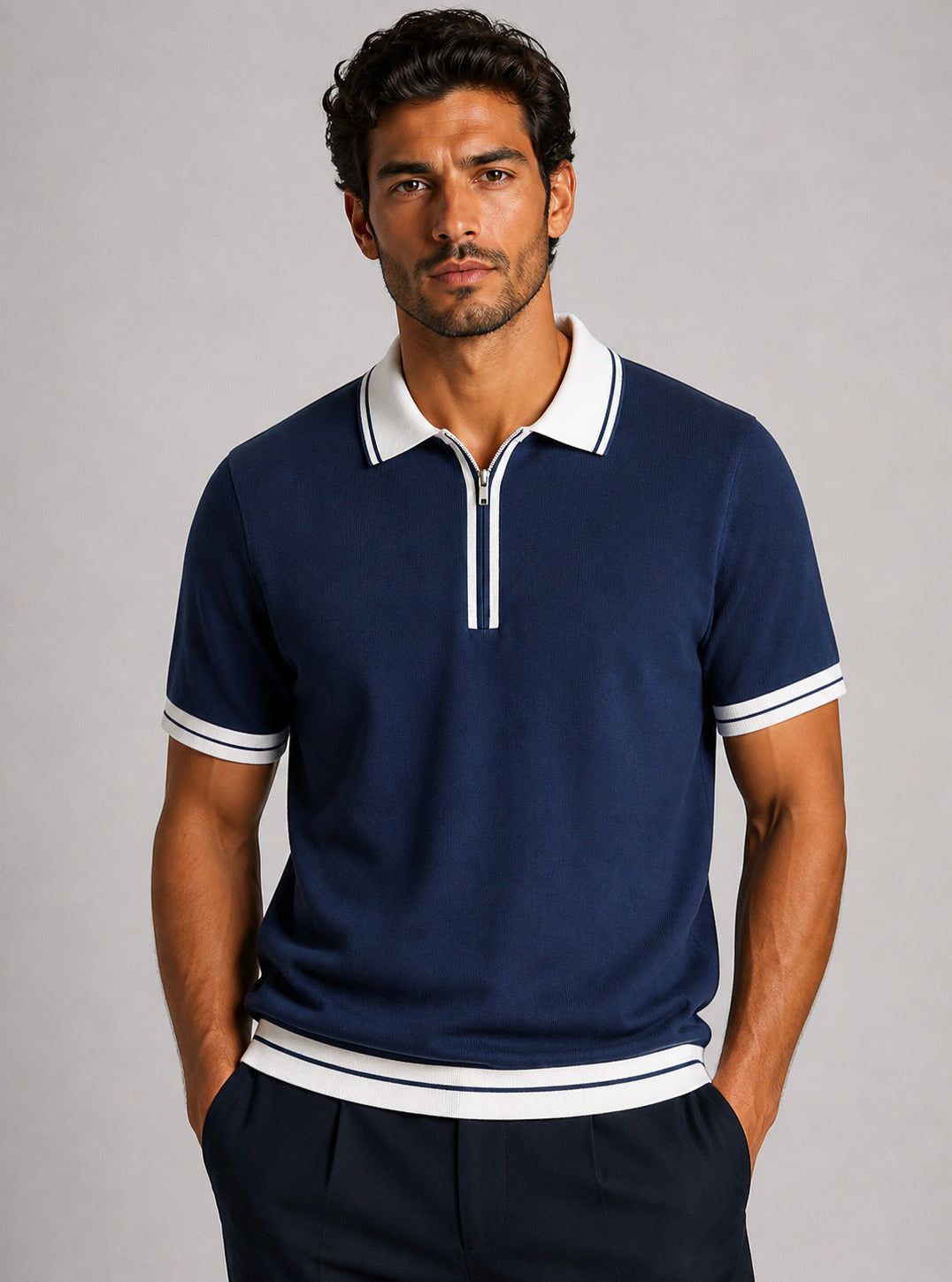 Marineblaues Jersey-Polo mit Reißverschlusskragen – Ansicht 4