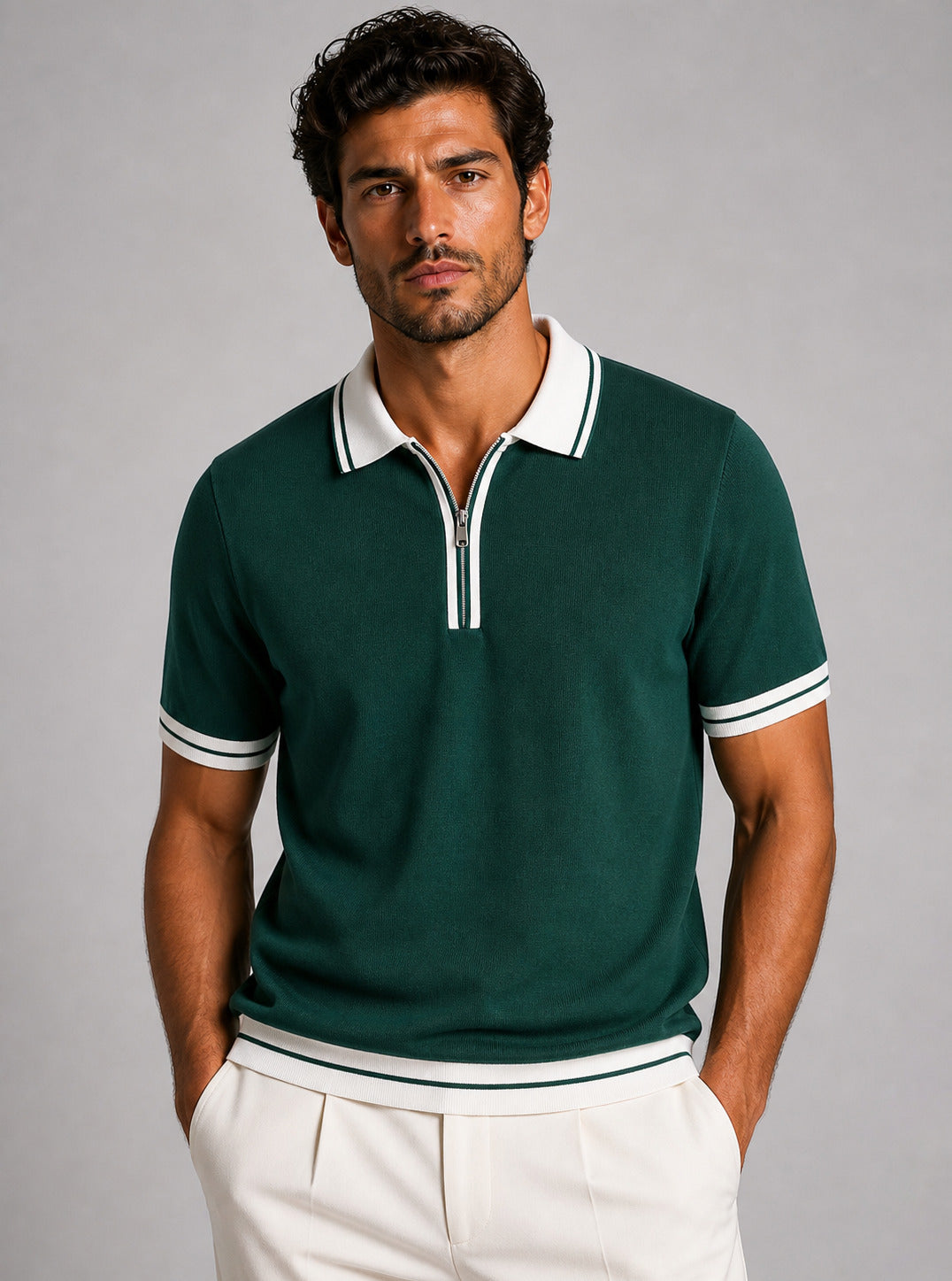 Grünes Jersey-Polo mit Reißverschlusskragen – Ansicht 4